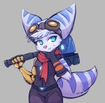  anthro armwear blue_eyes boxphox breasts clothed clothing ear_piercing elbow_gloves eyewear female fur gloves goggles goggles_on_head grey_background hammer hand_on_face handwear holding_object holding_weapon lombax mammal melee_weapon piercing prosthetic prosthetic_arm prosthetic_limb ratchet_and_clank rift_apart_lombax simple_background small_breasts solo sony_corporation sony_interactive_entertainment standing stripes thinking tools video_games weapon 