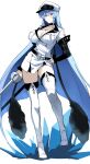 1girl akame_ga_kill! belt black_belt black_choker black_gloves blue_cape blue_eyes blush body_markings boots breasts cape choker cleavage closed_mouth contrapposto elbow_gloves esdeath eyebrows_visible_through_hair fingerless_gloves gloves hair_between_eyes halcon hand_on_hip hat highres holding holding_sword holding_weapon ice iron_cross jacket large_breasts light_blue_hair light_smile long_hair looking_at_viewer military military_hat military_uniform peaked_cap rapier simple_background smile solo straight_hair sword thigh_boots thighhighs thighs uniform weapon white_background white_footwear white_headwear white_jacket white_legwear zettai_ryouiki 