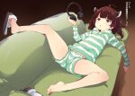  1girl ahoge bangs blush brown_hair cameltoe couch eyebrows_visible_through_hair headgear headphones loungewear lying on_back open_mouth petenshi_(dr._vermilion) solo spread_legs tagme touhoku_kiritan translation_request voiceroid 