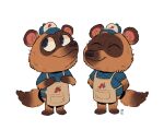  2021 animal_crossing anthro apron biped brown_body brown_fur burgerkapitany canid canine clothing duo eyes_closed fur hat headgear headwear hi_res mammal nintendo raccoon_dog shirt simple_background tanuki timmy_nook tommy_nook topwear video_games white_background 