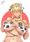  1girl absurdres alternate_costume animal_print artoria_pendragon_(all) artoria_pendragon_(lancer) bangs bell bell_choker bikini bikini_top blonde_hair body_writing braid breasts choker cow_print cowbell fate_(series) french_braid green_eyes hair_between_eyes highres large_breasts love-saber print_bikini sidelocks solo swept_bangs swimsuit upper_body white_bikini 