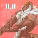  1:1 2019 anthro armpit_hair barazoku beard body_hair candy chest_hair danandnite dated dessert facial_hair flexing food fossil_pok&eacute;mon looking_at_viewer male mature_male muscular muscular_anthro muscular_male neck_tuft nintendo nipples nude number pocky pocky_day pok&eacute;mon pok&eacute;mon_(species) red_background scalie simple_background solo tuft tyrantrum video_games 
