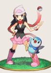  1girl beanie black_eyes black_hair dawn_(pokemon) gen_4_pokemon hair_ornament hairclip hand_on_hip hand_up hat hungry_clicker long_hair looking_at_viewer open_mouth piplup pokemon pokemon_(creature) pokemon_(game) pokemon_dppt red_scarf scarf shirt shoes skirt solo starter_pokemon vest white_headwear 