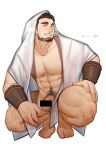  1boy abs absurdres bar_censor bara bare_pecs beard body_hair brown_hair censored chest_hair facial_hair flaccid foreskin full_body hairy highres leg_hair looking_to_the_side male_focus male_pubic_hair muscular muscular_male naked_robe navel navel_hair nipples original pectorals penis peterhl pubic_hair robe short_hair solo squatting stomach stubble thick_eyebrows thick_thighs thighs yellow_eyes 