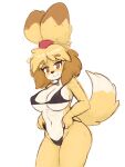  3:4 animal_crossing anthro big_breasts bikini blush boxphox bra breasts brown_eyes canid canine canis cleavage clothed clothing clothing_pull domestic_dog female fur hair isabelle_(animal_crossing) looking_at_viewer mammal nintendo panties shih_tzu simple_background smile solo standing swimwear thick_thighs toy_dog underwear underwear_pull video_games white_background wide_hips yellow_body yellow_fur 