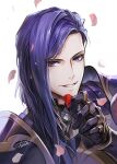  1boy armor bangs danhu falling_petals fire_emblem fire_emblem:_three_houses gauntlets hand_up holding holding_petal long_hair looking_at_viewer lorenz_hellman_gloucester male_focus pauldrons petals purple_eyes purple_hair shoulder_armor signature simple_background smile solo swept_bangs upper_body white_background 