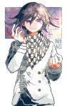  1boy bangs black_hair checkered checkered_scarf closed_mouth commentary_request cowboy_shot danganronpa_(series) danganronpa_v3:_killing_harmony dated double-breasted eyebrows_visible_through_hair hair_between_eyes hands_up happy_birthday kiri_(2htkz) long_sleeves looking_at_viewer male_focus ouma_kokichi pants purple_background purple_eyes purple_hair scarf smile solo straitjacket white_background 
