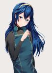  1girl ameno_(a_meno0) blue_eyes blue_hair blush fire_emblem fire_emblem_awakening flat_chest grey_background hair_between_eyes highres light_blush long_hair long_sleeves looking_at_viewer lucina_(fire_emblem) simple_background smile solo symbol-shaped_pupils tiara 