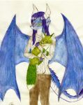  absurd_res anthro bat_wings black_pupils blue_body blue_hair bottomwear brown_bottomwear brown_clothing brown_pants canid canine clothed clothing crown_(artist) dragon duo female feral fox green_eyes greeny_(odisaodi) hair hi_res horn male mammal membrane_(anatomy) membranous_wings milly_(millcore) pants pupils slit_pupils sweater tongue tongue_out topwear whiskers white_body white_clothing white_pupils white_sweater white_topwear wings 