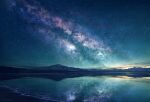  artist_name blue_sky highres horizon lake milky_way mks mountainous_horizon night night_sky no_humans original outdoors reflection scenery sky star_(sky) starry_sky watermark 