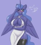 anthro anthrofied big_breasts blush breasts cleavage clothed clothing dialogue equid female friendship_is_magic hi_res horn mammal my_little_pony nexcoyotlgt one_eye_closed princess_luna_(mlp) solo wide_hips winged_unicorn wings 