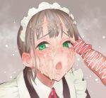  1boy 1girl bangs blush brown_hair censored commentary_request cum cum_on_hair erection face facial green_eyes grey_background haidara hetero highres looking_at_viewer maid maid_headdress open_mouth original penis solo_focus 