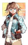  1boy asahina_yuuta bangs beige_pants blue_eyes brown_background brown_hair character_name collarbone commentary_request cowboy_shot danganronpa_(series) danganronpa_another_episode:_ultra_despair_girls dated green_jacket hands_in_pockets happy_birthday jacket kiri_(2htkz) long_sleeves looking_at_viewer male_focus open_clothes open_jacket pants shirt short_hair smile solo standing white_background white_shirt 