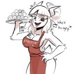  1:1 2021 anthro apron apron_only bovid breasts capaoculta caprine caprine_demon clothing demon female fur goat goat_demon goat_lucifer_(helltaker) hair helltaker hi_res horn mammal mostly_nude plate red_eyes simple_background solo white_background white_body white_fur white_hair 