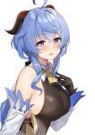  1girl :d ahoge ayul_(ayulneri_92) bangs bare_shoulders bell black_gloves blue_hair blush bodystocking breasts detached_sleeves eyebrows_visible_through_hair from_side ganyu_(genshin_impact) genshin_impact gloves hand_on_own_chest highres horns large_breasts long_hair long_sleeves looking_at_viewer looking_to_the_side open_mouth purple_eyes sideboob sidelocks smile solo underbust upper_body very_long_hair 