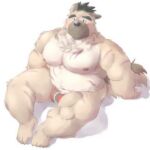  1:1 2021 anthro belly black_nose brown_body brown_fur bulge canid canine canis clothing domestic_dog fur hi_res kemono male mammal meimei_kia moobs nipples overweight overweight_anthro overweight_male scar simple_background sitting solo tokyo_afterschool_summoners underwear video_games white_background yasuyori 