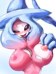  beady_eyes big_breasts blush breasts chobonolly erect_nipples exposed_breasts female hatterene hi_res huge_breasts humanoid looking_at_viewer nintendo nipple_outline nipples not_furry pok&eacute;mon pok&eacute;mon_(species) simple_background small_waist smile solo tongue tongue_out video_games white_background 