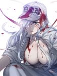  1girl bangs baseball_cap blood blood_on_breasts blood_on_face bloody_clothes bow_(bhp) breasts cleavage collared_shirt grey_eyes hair_over_one_eye hat hataraku_saibou hataraku_saibou_black large_breasts long_hair pale_skin shirt sidelocks u-1196 white_blood_cell_(hataraku_saibou) white_headwear white_shirt 