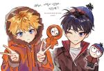  2boys :&lt; ;) ahoge beanie black_hair blonde_hair blue_eyes blue_headwear brown_jacket coat commentary_request double_v fur_trim hat highres hood hood_up jacket kenny_mccormick korean_commentary korean_text looking_at_viewer male_focus multiple_boys one_eye_closed orange_coat parka seeshin_see shirt short_hair simple_background sketch smile south_park stan_marsh sweat translation_request upper_body v white_background white_shirt zipper_pull_tab 