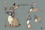  ambiguous_gender armor colored headgear helmet hi_res k725 kneeling lagomorph lagomorph_taur leporid leporid_taur mammal mammal_taur melee_weapon polearm rabbit rabbit_taur running signature simple_background sitting solo spear standing_on_hind_legs taur weapon 