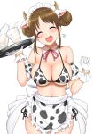  1girl 2021 absurdres animal_print apron bangs bikini blush bottle bow bowtie breasts brown_hair chinese_zodiac cleavage clenched_hand closed_eyes commentary_request cow_print detached_collar double_bun gloves hands_up highres holding holding_tray large_breasts milk milk_bottle new_year open_mouth princess_connect! princess_connect!_re:dive red_neckwear short_hair smile solo suzume_(princess_connect!) swimsuit tray waist_apron white_gloves year_of_the_ox yue_(show-ei) 
