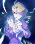  1girl blonde_hair blue_eyes breasts cleavage collarbone commentary_request dress elite_four eyelashes fingernails glacia_(pokemon) gloves hands_up highres ivory_(25680nico) jewelry looking_at_viewer pokemon pokemon_(game) pokemon_oras purple_dress ring signature single_glove smile solo 