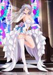  1girl ;d absurdres asymmetrical_legwear azur_lane blush breasts bridal_veil bride chungmechanic cleavage collarbone dress elbow_gloves flower full_body gloves grey_eyes grey_hair high_heels highres indoors large_breasts leotard looking_at_viewer medium_hair one_eye_closed open_mouth pew purple_flower seattle_(azur_lane) smile solo stained_glass standing standing_on_one_leg strappy_heels v veil wedding_dress white_dress white_footwear white_gloves white_legwear white_leotard 