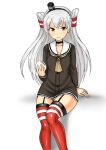 1girl amatsukaze_(kantai_collection) baozi brown_dress commentary_request dress feet_out_of_frame food garter_straps grey_neckwear hair_tubes hat kantai_collection kudou_(ooabareteng) lifebuoy_ornament long_hair mini_hat neckerchief red_legwear sailor_dress short_dress silver_hair simple_background sitting smokestack_hair_ornament solo striped striped_legwear thighhighs two_side_up white_background windsock 