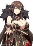  1girl bangs bare_shoulders black_dress blush breasts brown_eyes brown_hair cleavage dress fate/apocrypha fate/grand_order fate_(series) feather_trim fur_trim highres large_breasts long_hair looking_at_viewer outstretched_arm parted_lips pointy_ears semiramis_(fate) sidelocks simple_background slit_pupils spikes very_long_hair white_background zeroshiki_kouichi 