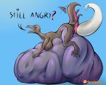  &lt;3 5:4 anal anal_vore anus belly big_belly big_breasts breasts english_text female feral hi_res hyper hyper_belly nintendo pok&eacute;mon pok&eacute;mon_(species) puffy_anus purple_belly purple_eyes salazzle sassylebraix scalie solo tailwag text video_games vore 