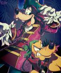  2020 4_fingers alternate_costume angry anthro bandanna canid canine canis clothing disney domestic_dog duo feral fingers floppy_ears gloves goofy_(disney) handwear hi_res kerchief kxxxta male mammal open_mouth open_smile pirate pirate_hat pluto_(disney) signature smile teeth tongue 