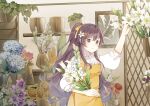  1girl absurdres apron blue_flower commentary florist flower flower_shop hair_ribbon hand_up highres holding holding_flower indoors leaf lily_(flower) long_hair looking_at_viewer mo_qingxian parted_lips plant potted_plant purple_eyes purple_flower purple_hair red_flower ribbon shelf shirt shop solo standing sunflower symbol_commentary upper_body very_long_hair vocaloid vsinger white_flower white_shirt yellow_apron yellow_ribbon yue_yuan_(1234qwea) 