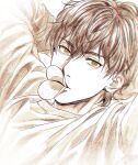  1boy arms_behind_head azuma_(paradise) bangs brown_eyes brown_hair cardigan chips commentary eyebrows_visible_through_hair food hair_between_eyes long_sleeves looking_at_viewer lying male_focus mashima_shima monochrome mouth_hold on_back paradise_(visual_novel) pringle_duck sepia short_hair simple_background solo 