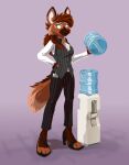  2021 anthro black_bottomwear black_clothing black_pants bottomwear brown_body brown_fur canid canine clothing female fur grey_clothing hi_res holding_object leah_(tirrel) looking_at_object mammal maned_wolf office_clothing orange_eyes pants pink_background shirt simple_background smile solo tall tall_female tirrel topwear water water_cooler white_clothing white_inner_ear white_shirt white_topwear white_undershirt 