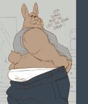  2021 absurd_res anthro belly bottomwear brown_body brown_fur butt clothing english_text fur hi_res inside lagomorph leporid male mammal obese obese_anthro obese_male overweight overweight_anthro overweight_male pants rabbit shirt solo sosososleazy text topwear underwear 