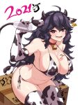  1girl 2021 absurdres ahoge animal_ears animal_print arm_up armpits bangs bell bell_collar bikini blush bottle box breasts cardboard_box chinese_zodiac cleanerjay cleavage collar collarbone covered_nipples cow_ears cow_print cow_tail cowbell cowboy_shot elbow_gloves gen_2_pokemon gloves hairband hex_maniac_(pokemon) highres large_breasts long_hair looking_at_viewer messy_hair milk_bottle milking_machine miltank moomoo_milk navel open_mouth pokemon purple_eyes purple_hair purple_hairband red_collar side-tie_bikini simple_background sitting smile solo spiral_eyes swimsuit tail thighhighs white_background year_of_the_ox 
