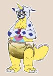  absurd_res anthro belly bodily_fluids diaper digimon digimon_(species) eyewear fatfur feces gabumon genital_fluids glasses grumpycoony hi_res male messin messy overweight overweight_anthro overweight_male peeing pooping shy slightly_chubby soiling solo urine watersports 