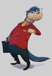  2021 animal_crossing anthro blue_body bodily_fluids bottomwear clothing eyewear glasses kittykatmaniac lutrine lyle_(animal_crossing) male mammal mustelid necktie nintendo pants shirt simple_background solo sweat topwear video_games 