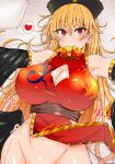  1girl bed_sheet blonde_hair bottomless breasts center_opening china_dress chinese_clothes cleavage cleavage_cutout closed_mouth clothing_cutout covered_nipples detached_sleeves dress eyebrows_visible_through_hair groin hair_between_eyes heart highres huge_breasts junko_(touhou) long_hair looking_at_viewer lying on_back out-of-frame_censoring panties panties_aside polos_crown red_dress red_eyes roki_(hirokix) smile solo spoken_heart sweat touhou underwear upper_body white_panties 