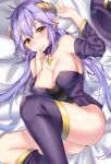  1girl bangs bare_shoulders bed breasts cleavage collarbone copyright_request demon_girl demon_horns detached_sleeves horns large_breasts looking_at_viewer lying no_panties official_art on_back pointy_ears purple_hair purple_sleeves solo thighhighs thighs wasami_(a27678193a) yellow_eyes 