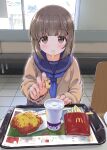  1girl bangs blue_neckwear blue_sailor_collar blue_skirt blush brown_eyes brown_hair chair cup disposable_cup eyebrows_visible_through_hair fast_food food french_fries hamburger highres holding holding_food idolmaster idolmaster_cinderella_girls indoors kaishinshi long_hair long_sleeves mcdonald&#039;s mouth_hold neckerchief pleated_skirt pov sailor_collar school_uniform serafuku sitting skirt solo tray yorita_yoshino 