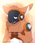  anthro blush claws diamond_(gem) digital_media_(artwork) drooped_ears fingers_together fur gem machine orange_background orange_body orange_fur protogen sad seijakuun simple_background solo solo_focus upset watermark white_eyes 