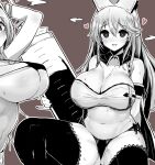  1girl armband armlet bare_shoulders black_legwear blush breasts character_request crop_top eyebrows_visible_through_hair freedom_nakai greyscale hair_flaps hat heart heart-shaped_pupils highres huge_breasts large_syringe long_hair looking_at_viewer monochrome navel nurse_cap oversized_object panties romancing_saga_re;universe side-tie_panties sitting solo stomach sweat symbol-shaped_pupils syringe tank_top thighhighs underwear wing_collar 