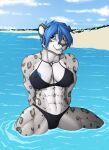  anthro bikini blue_eyes blue_hair breasts clenched_teeth clothed clothing detailed_background fangs felid feline female fur grey_body grey_fur hair hi_res mammal multicolored_body multicolored_fur muscular muscular_anthro muscular_female nipples open_mouth open_smile partially_clothed saruuk smile solo swimwear teeth two_tone_body two_tone_fur water white_body white_fur 