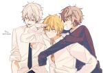  3boys :d ^_^ absurdres arm_up bangs black_neckwear black_sweater blonde_hair blush brown_eyes closed_eyes closed_mouth collared_shirt commentary_request ex_albio eyebrows_visible_through_hair fuwa_minato green_eyes grey_hair hair_between_eyes half-closed_eye highres jacket kuzuha_(nijisanji) long_sleeves looking_away male_focus mole mole_under_eye multicolored_hair multiple_boys necktie nijisanji open_mouth pointy_ears profile purple_hair red_hair shading_eyes shirt short_sleeves signature simple_background sleeves_past_wrists smile sofra streaked_hair sweater twitter_username uneven_eyes v-shaped_eyebrows virtual_youtuber white_background white_jacket white_shirt 