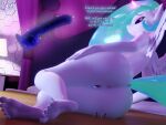  3d_(artwork) 4:3 anthro anthrofied barefoot bed big_butt blep butt dialogue digital_media_(artwork) dildo english_text equid female friendship_is_magic furniture genitals hand_on_hip hasbro hi_res horn larger_female lying magic mammal micro my_little_pony nude on_side princess_celestia_(mlp) pussy quicktimepony sex_toy size_difference text tongue tongue_out winged_unicorn wings 