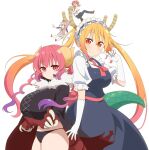 4girls blue_eyes breasts claws closed_mouth crossed_arms dragon_tail gloves gradient_hair horns huge_breasts iruru kanna_kamui key_visual kobayashi-san_chi_no_maidragon kobayashi_(maidragon) large_breasts long_hair looking_at_viewer maid maid_headdress multicolored_hair multiple_girls official_art oppai_loli orange_hair pants red_eyes red_hair shirt slit_pupils smile tail tohru_(maidragon) transparent_background very_long_hair white_gloves white_hair 