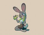  2021 anthro bodily_fluids bottle bottomwear clothed clothing crop_top disney female fully_clothed fur grey_body grey_fur holding_bottle holding_object judy_hopps kneeling lagomorph leporid mammal midriff one_eye_closed open_mouth open_smile rabbit rendoas shirt shorts simple_background smile solo sweat sweatdrop topwear zootopia 