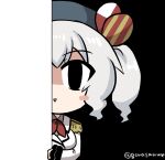  (o)_(o) 1girl beret blush_stickers chibi commentary_request epaulettes eyebrows_visible_through_hair gloves goma_(gomasamune) grey_hair hair_between_eyes hat hat_ribbon highres kantai_collection kashima_(kantai_collection) long_hair long_sleeves looking_at_viewer military military_uniform ribbon shaded_face solo twintails twitter_username uniform upper_body 