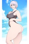  1girl ass black_swimsuit breasts cleavage cloud commentary highres large_breasts looking_at_viewer lunasanguinis mole mole_under_mouth nier_(series) nier_automata parted_lips short_hair sky solo swimsuit thick_thighs thighs white_hair yorha_no._2_type_b 